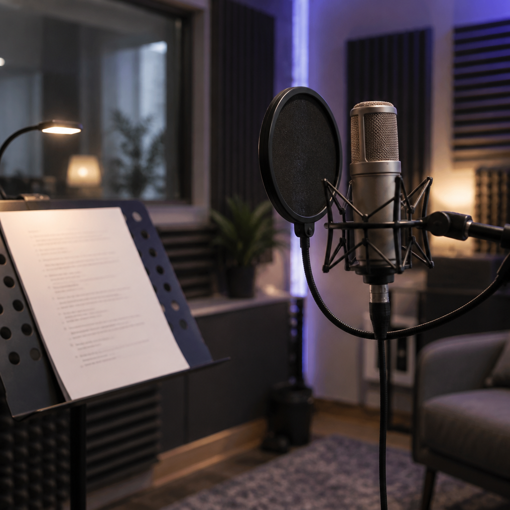 Professional microphone in a treated recording booth for human voice dubbing
